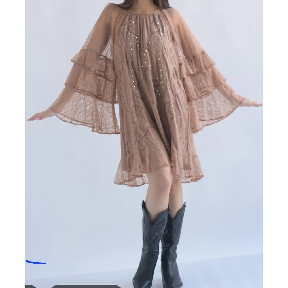 Blue B Women Brown Boho Lace Embroidery Jewel Accent Ruffle Sleeve Tunic Dress S
